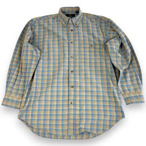 Orvis Mens M Shirt Button Up Blue Tan Plaid Button Down Collar 100% Cotton